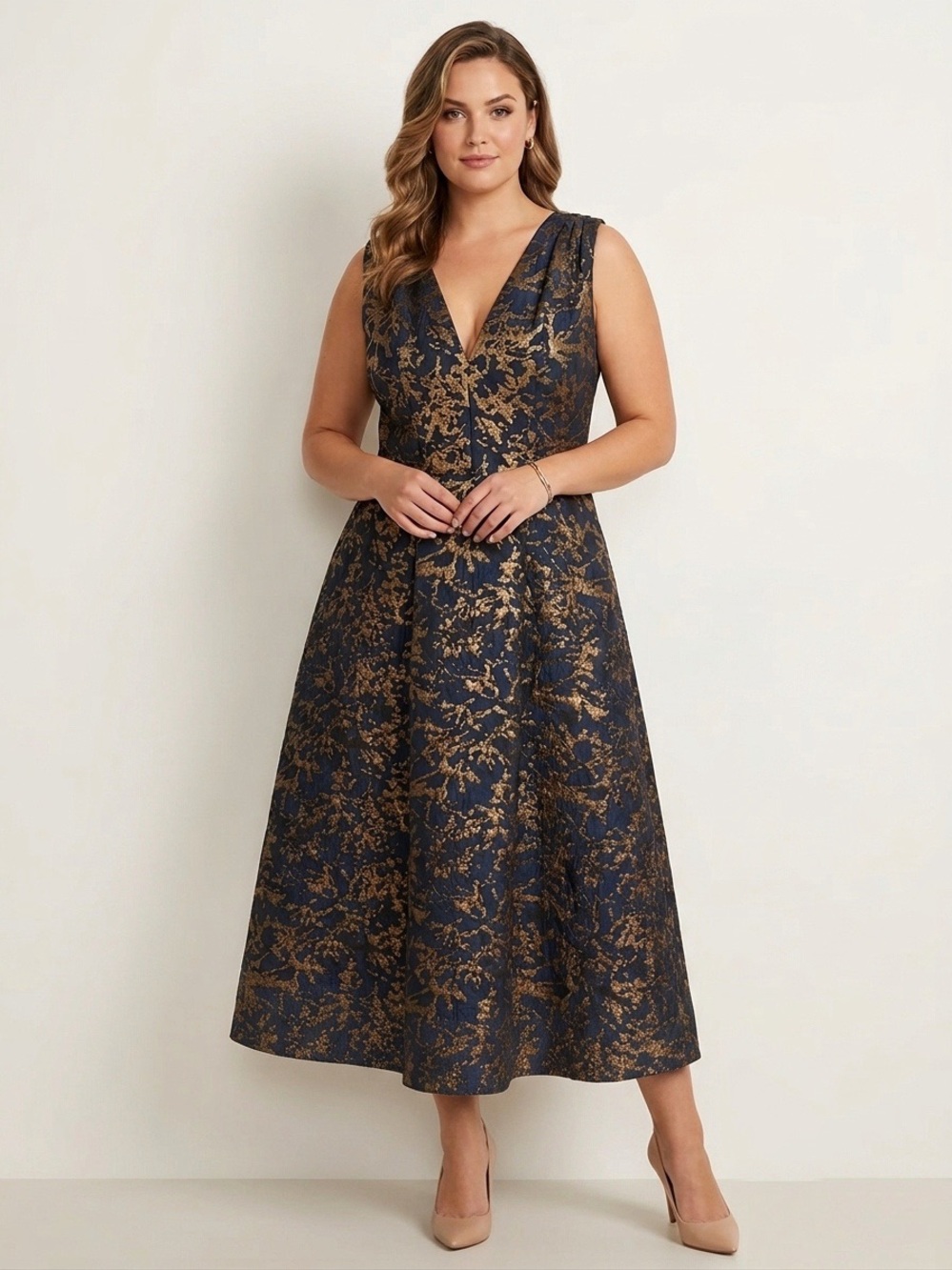 Kay Unger NWT Navy and Gold Jacquard V-Neck Midi Dress Size 14